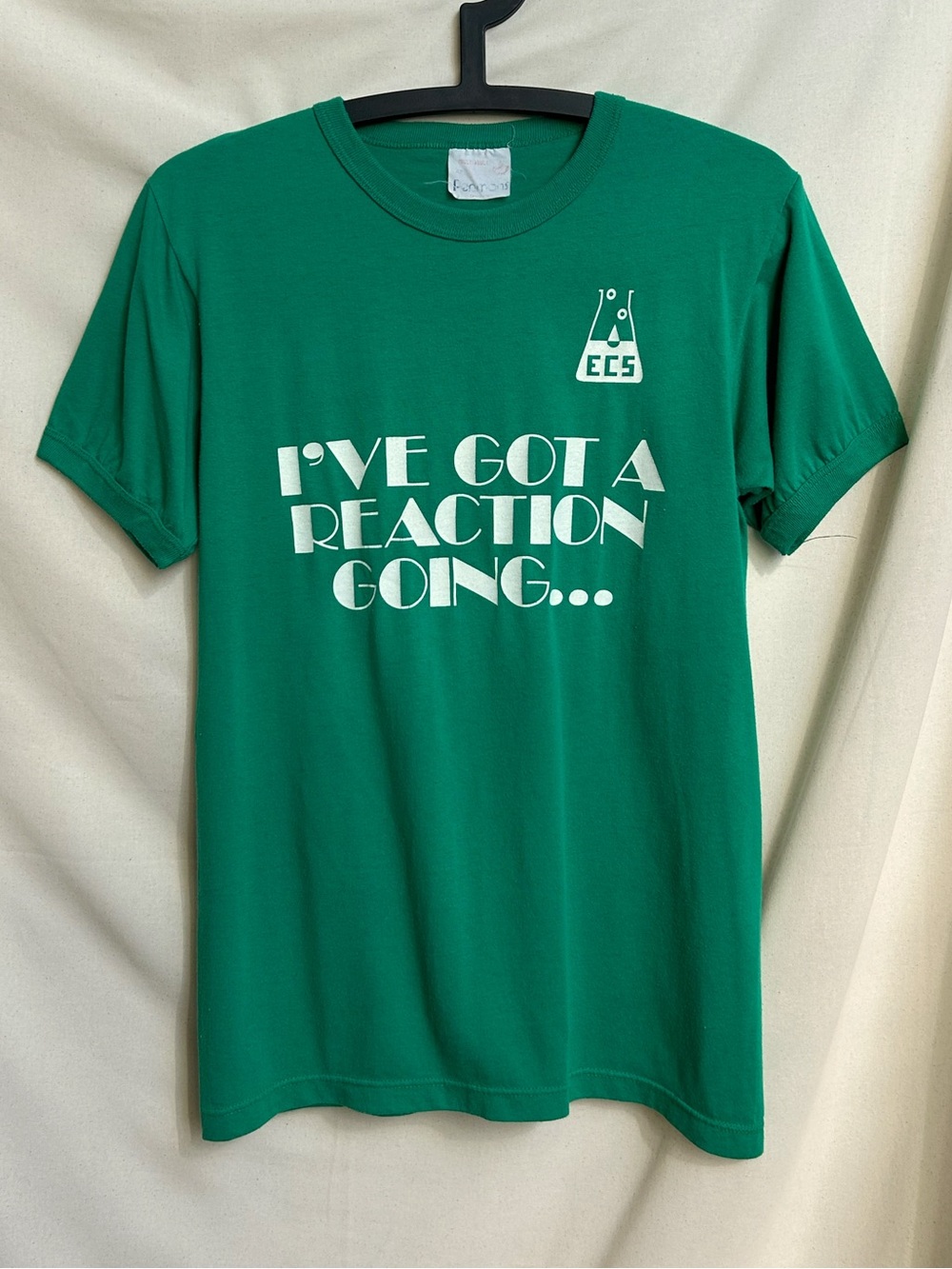 80s vintage "I've got a reaction going" t-shirt Science Experiment slogan joke.